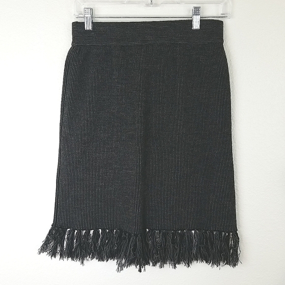 KENAR Black/Gray Pinstripe Wool/Acrylic Soft Fringe Tassel Skirt, size S - Picture 4 of 6